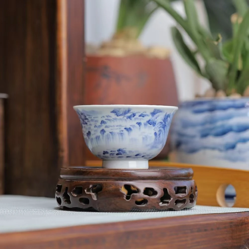 景琳藏旭日东升压手杯纯手工手绘北派山水中式复古名窑陶瓷主人杯