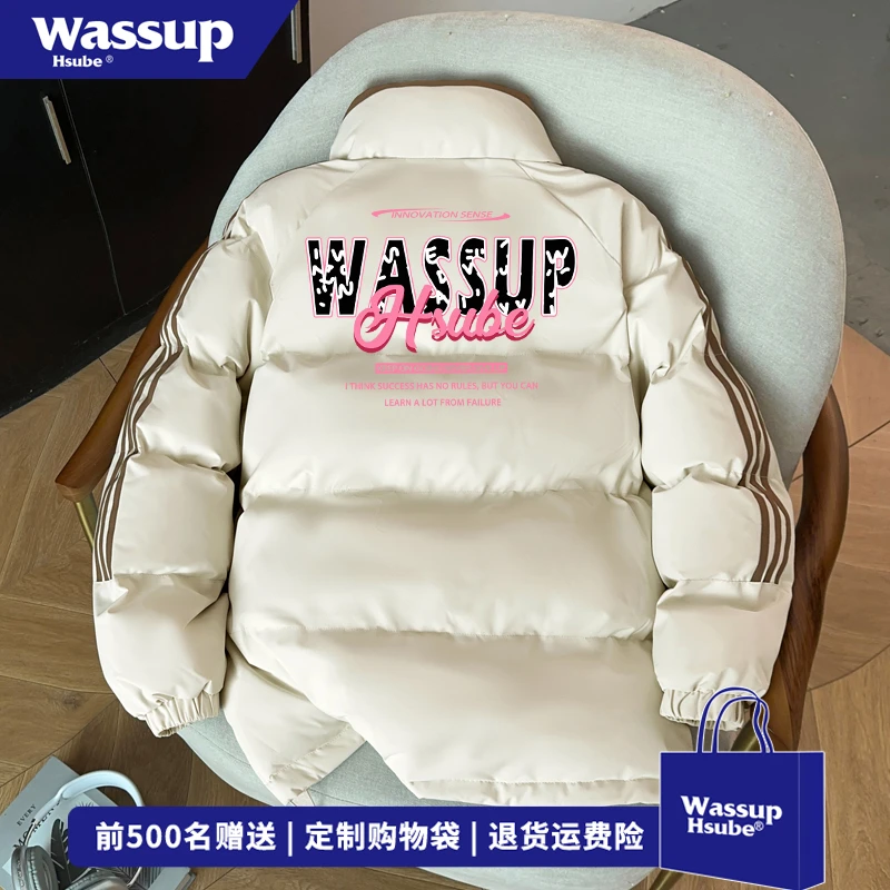 WASSUP HSUBE潮流vibe美式字母印花立领棉服男女冬季三条杠面包服