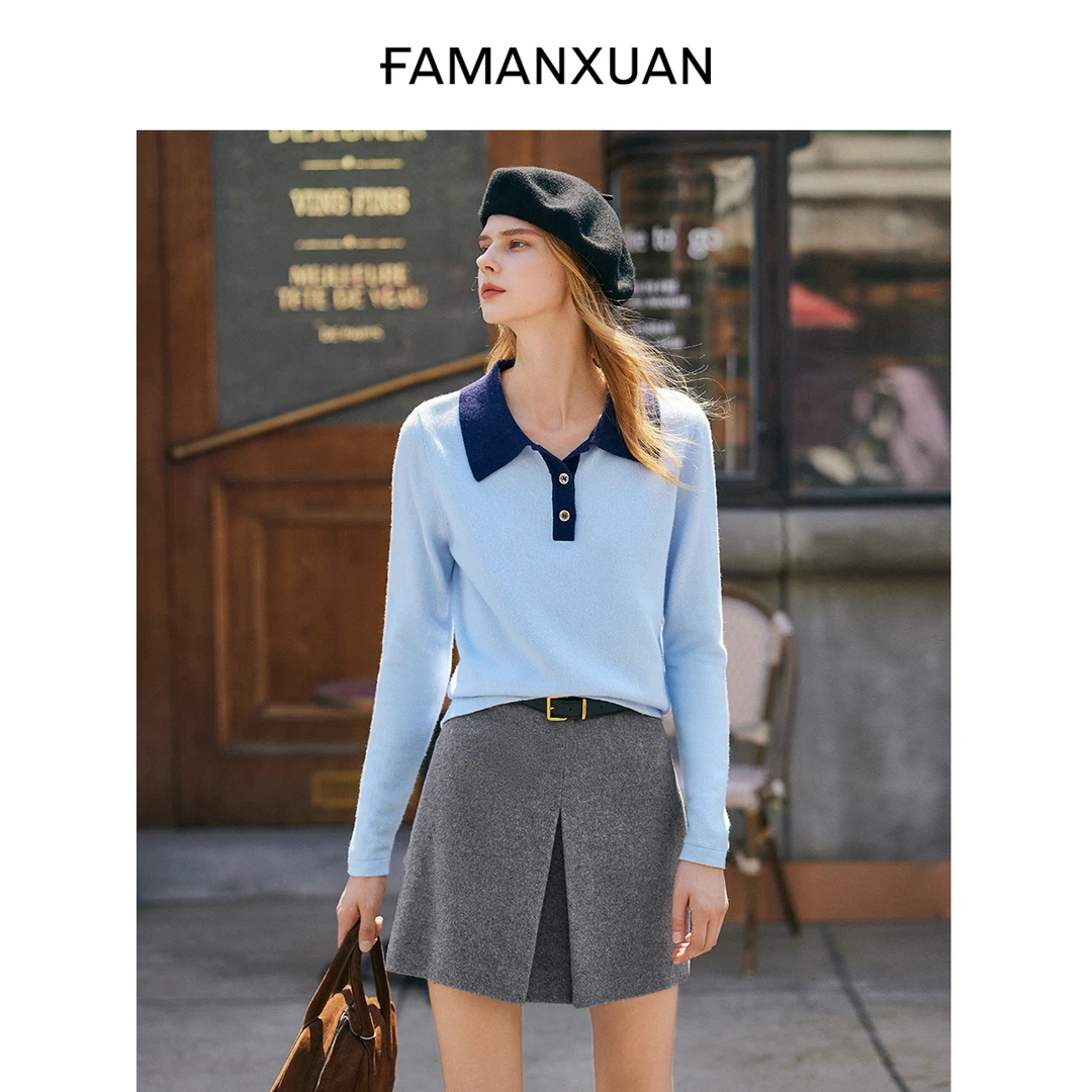 【达人专属】法曼萱polo领撞色针织衫女小个子2025春打底衫