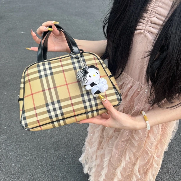 95新 BURBERRY/博柏利 巴宝莉格纹保龄球手提包斜挎包