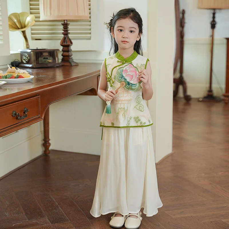53821女童新中式国风汉服女大童套装2025夏季新款短袖古风两件套