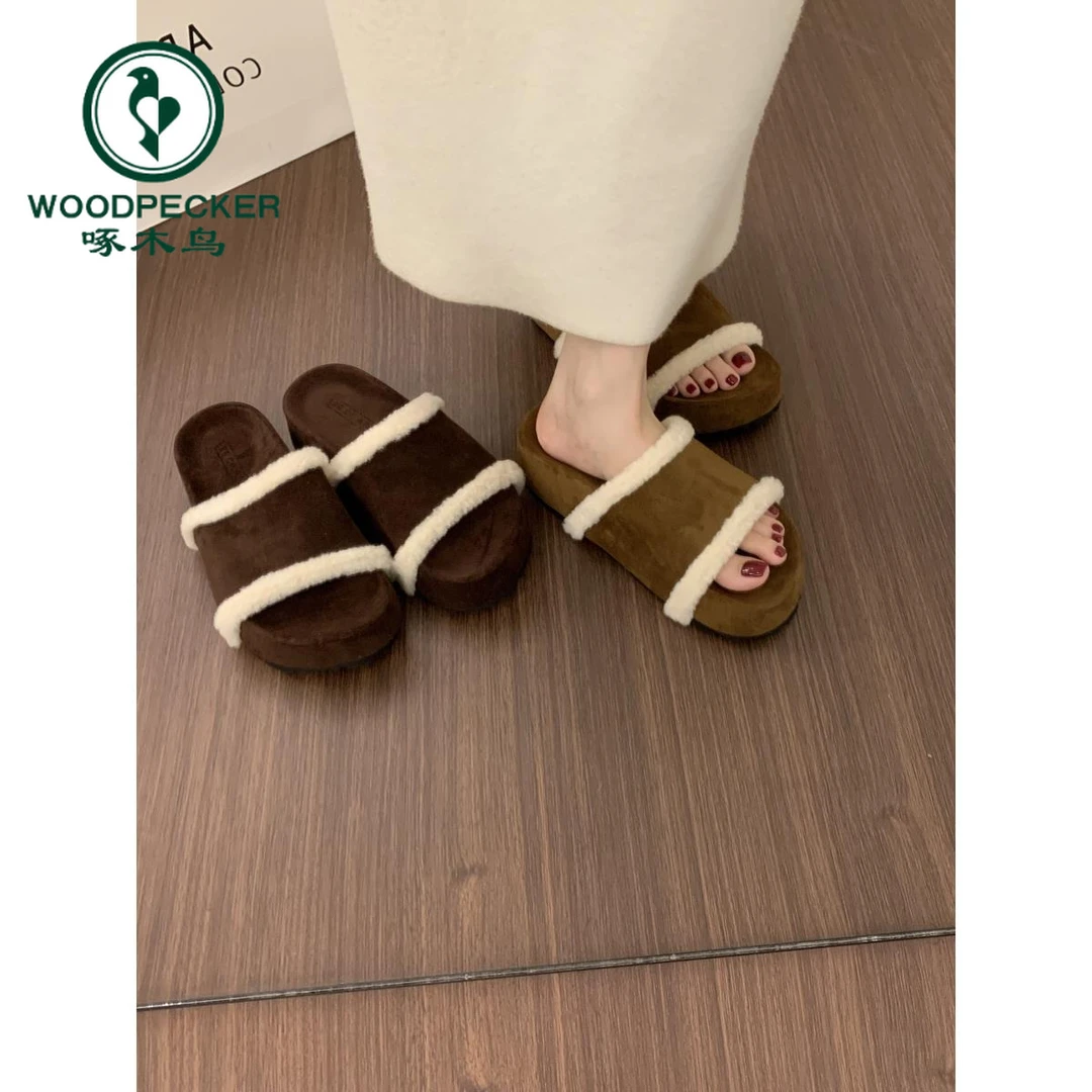 啄木鸟晚晚风气质松糕厚底毛毛拖鞋女外穿2025冬季保暖加绒勃肯鞋