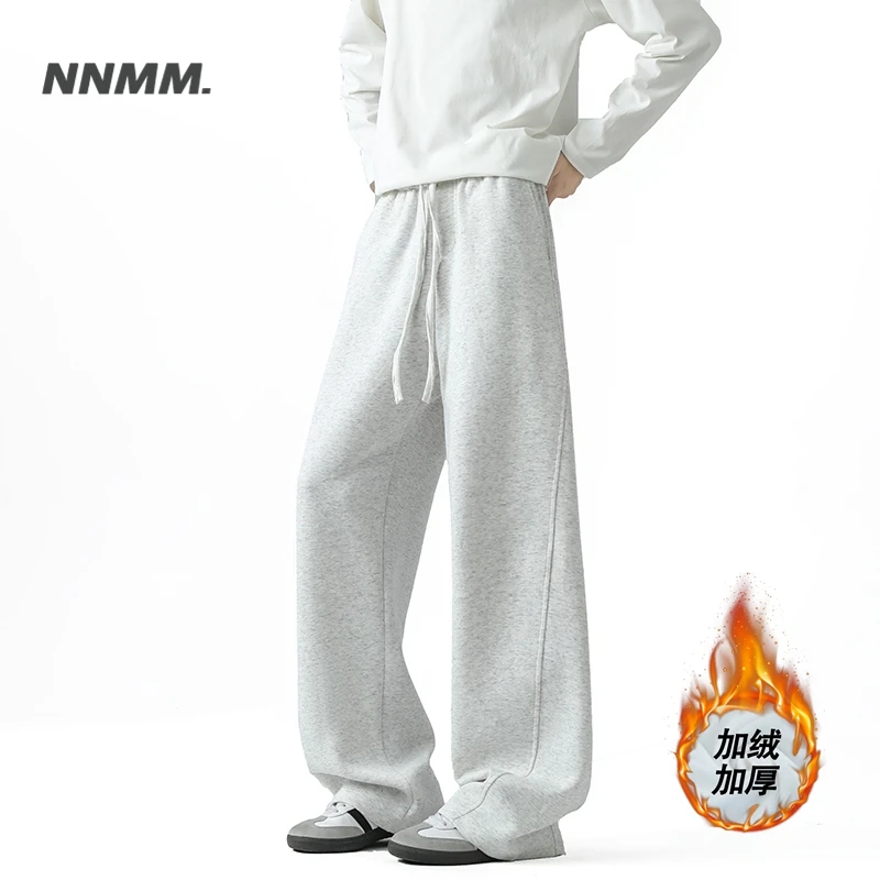 加绒高街弯刀裤男女同款阔腿裤冬季灰色休闲保暖卫裤宽松男生裤子