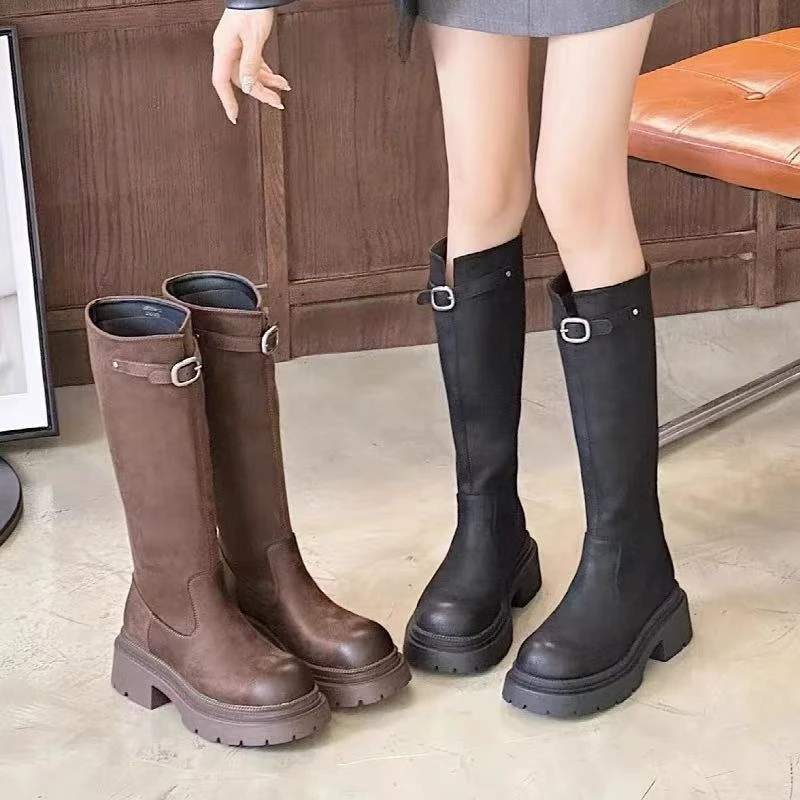 秋冬新款韩版通勤瘦瘦简约厚底裸靴长靴175-8582(加绒)