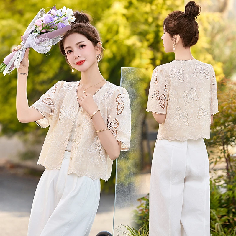 法式镂空刺绣短款外套女2025年夏季新款设计感小个子宽松百搭上衣