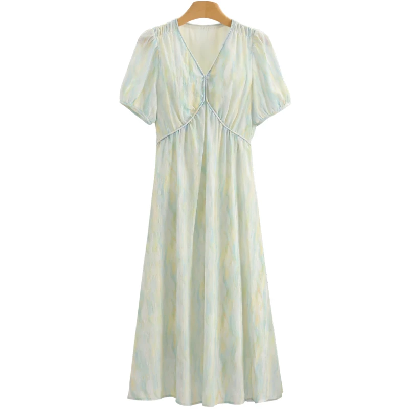 F1597-【香】晕染花色V领显瘦短袖百搭连衣裙#BXY56L052