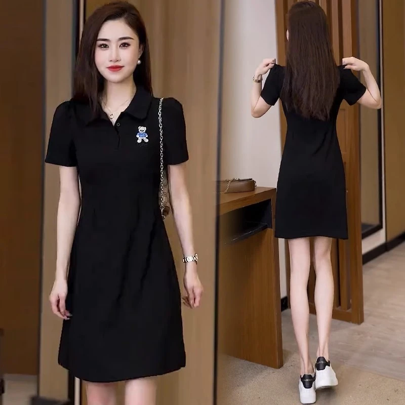 时尚短袖连衣裙女2025夏季新款休闲收腰卫衣裙宽松遮肚中长款裙子