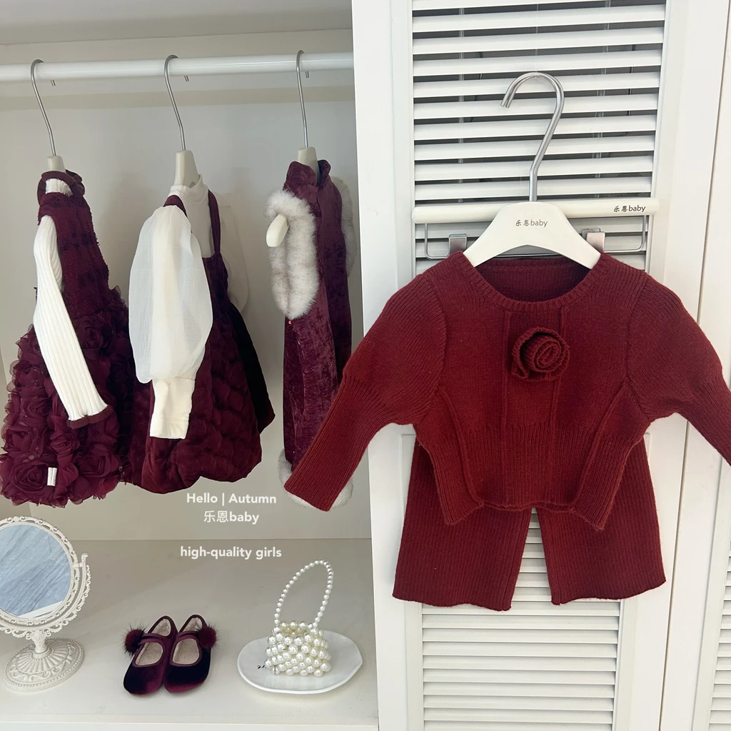 现秋冬【乐恩童装】女童季过年衣服红色玫瑰针织毛衣毛线裤套装国风