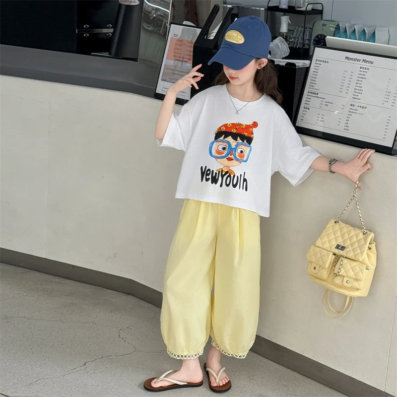 夏季女童休闲套装时尚印花女套头休闲上衣卡通动漫裤子女童套装潮