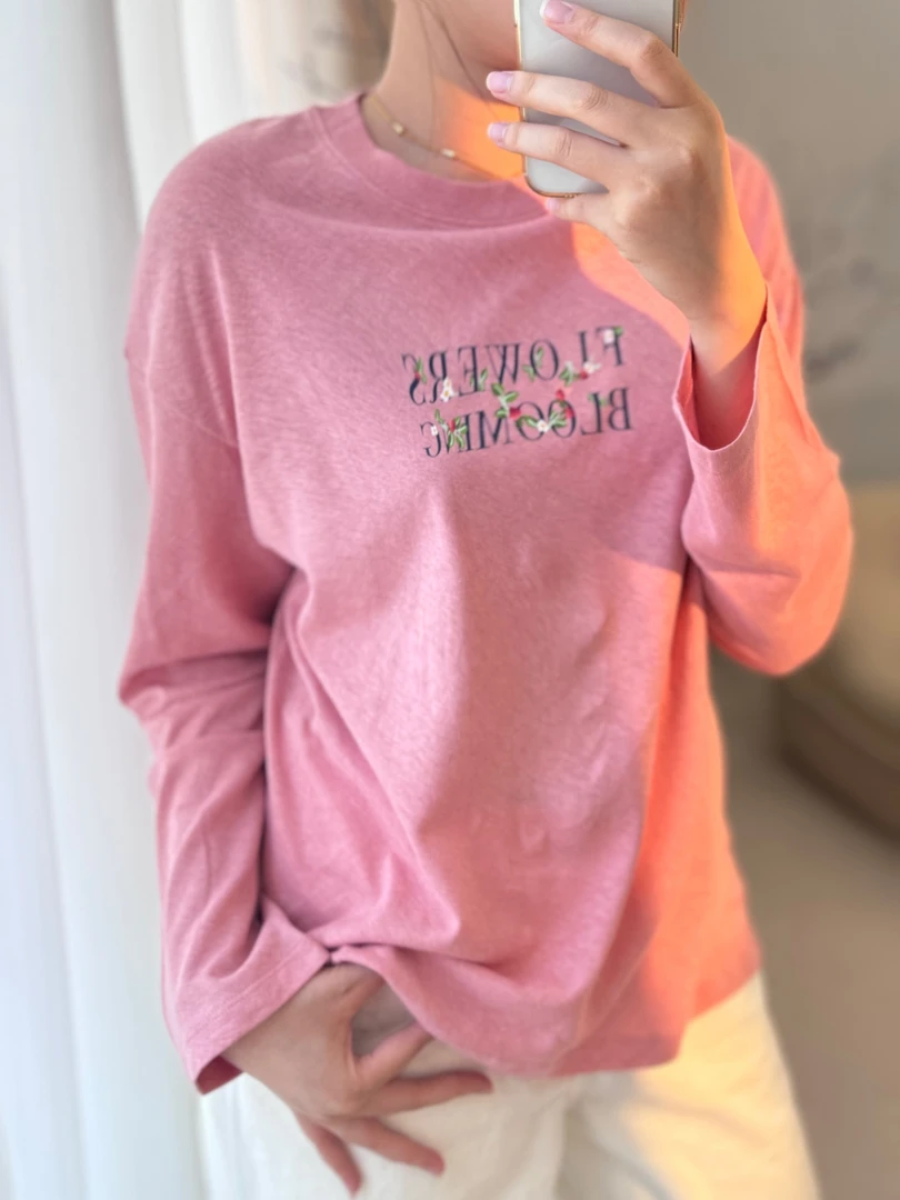 【草莓】韩系减龄字母刺绣复古简约慵懒棉麻长T F21