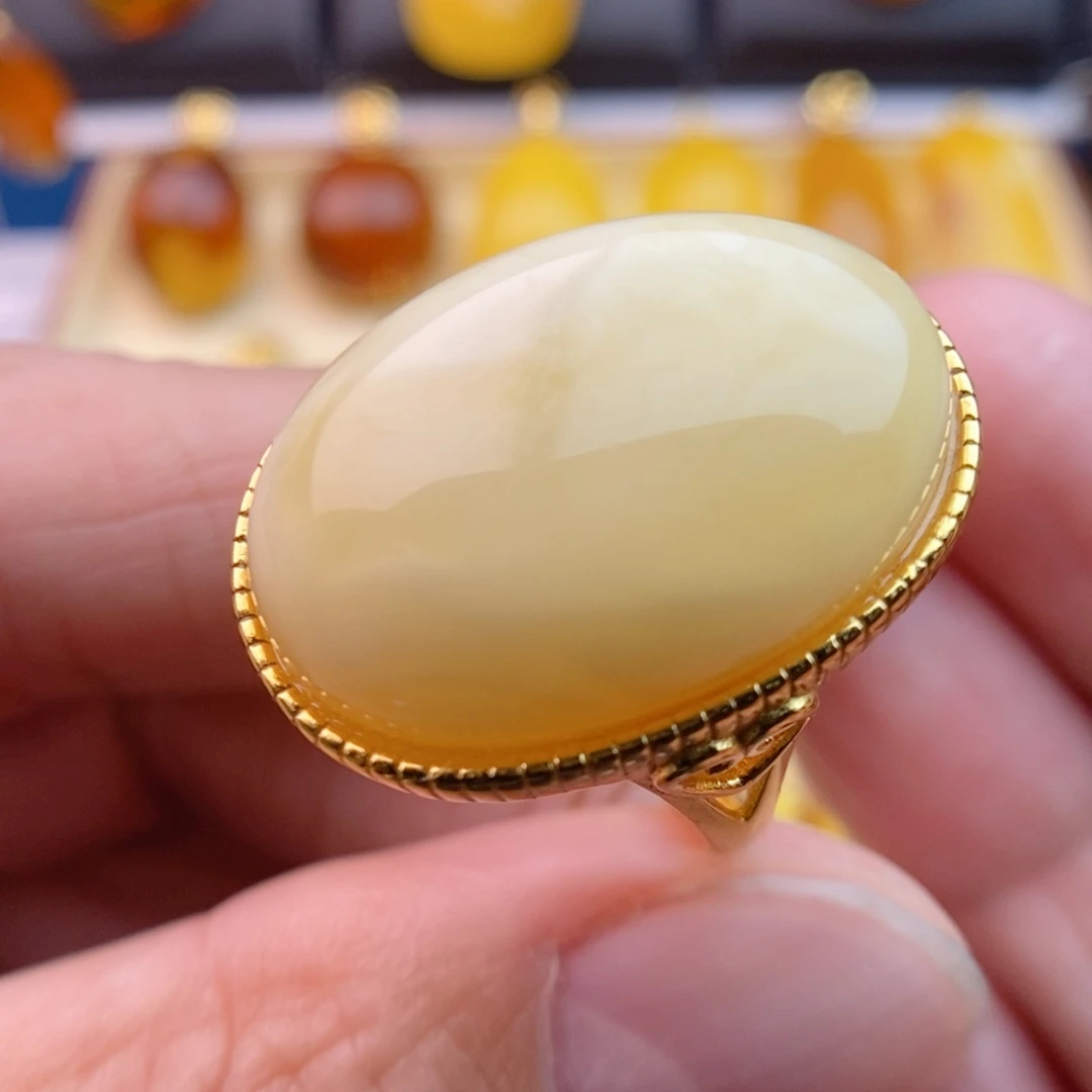 琥珀戒指银S925镀金镶嵌