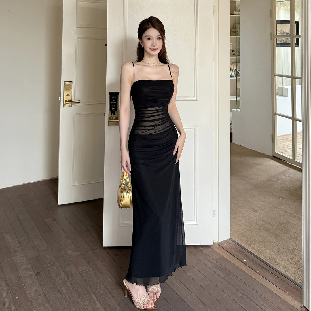 运补6-8纯欲风辣妹抹胸吊带透视连衣裙性感露背收腰显瘦网纱长裙
