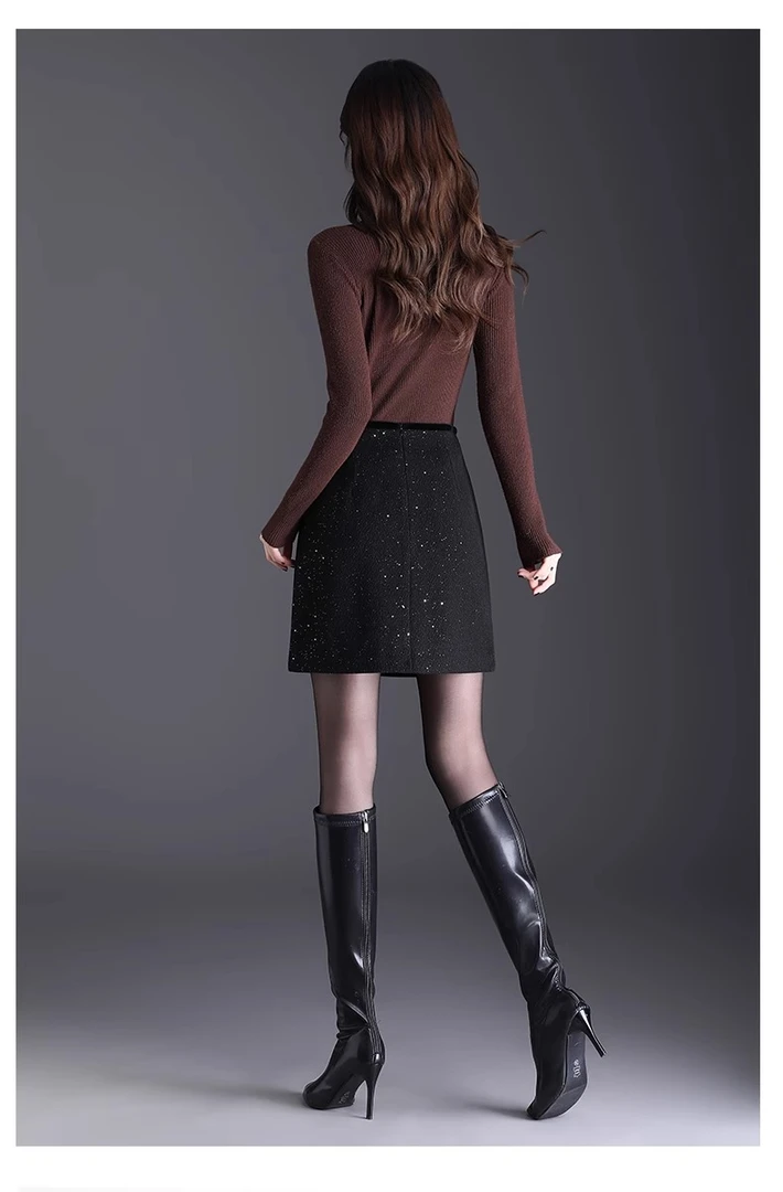 黑色细闪小香风毛呢半身裙女秋新款高腰A字短裙小个子包臀裙66176