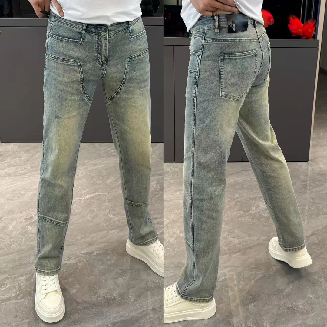 裤子男时尚潮流男士牛仔裤个性舒适拼接绿松石直筒裤宽松显瘦男裤