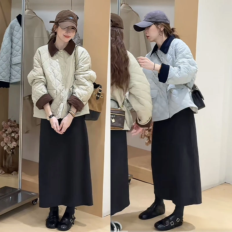时尚减龄2025百搭夹棉保暖外套秋冬季新款加绒半身裙两件套