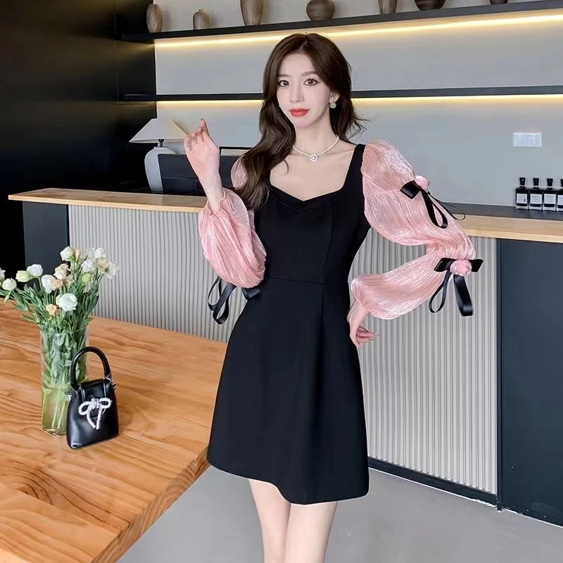 2025新款甜心公主名媛气质蝴蝶结显瘦修身A字摆连衣裙纯欲小黑裙