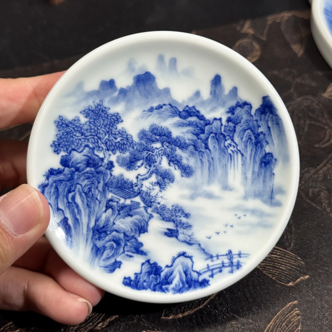 川行手作纯手工纯手绘青花山水盖置