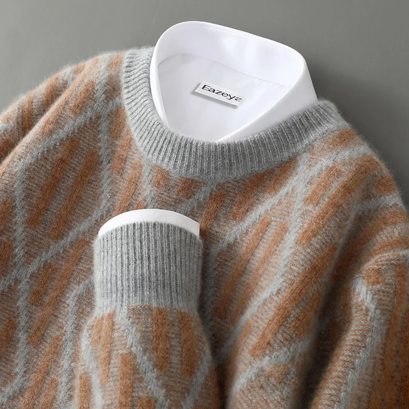 随性街头风~重工风圆领羊毛衫男士加厚菱形提花宽松休闲羊毛打底