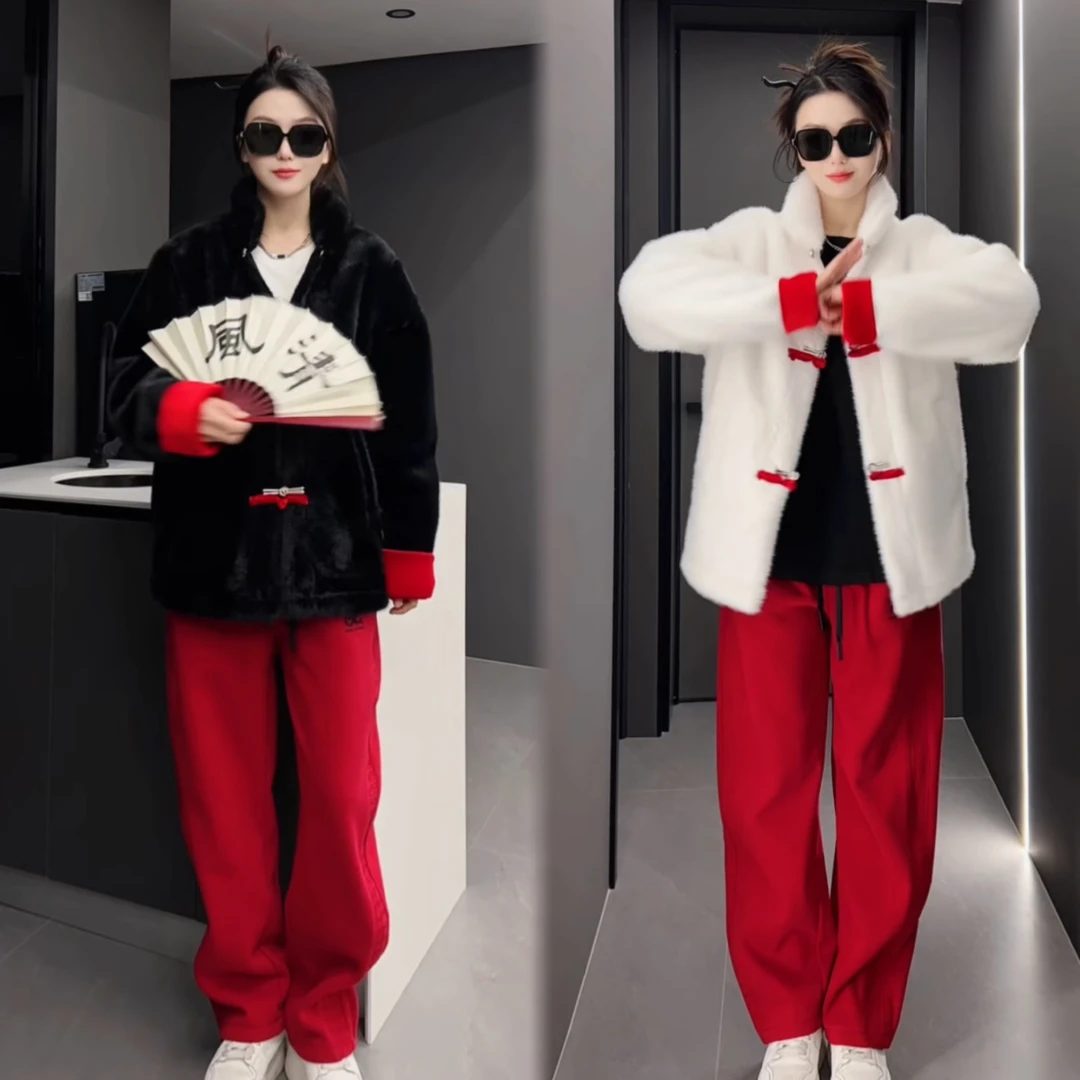 新中式国风盘扣撞色皮毛一体宽松时尚夹克外套