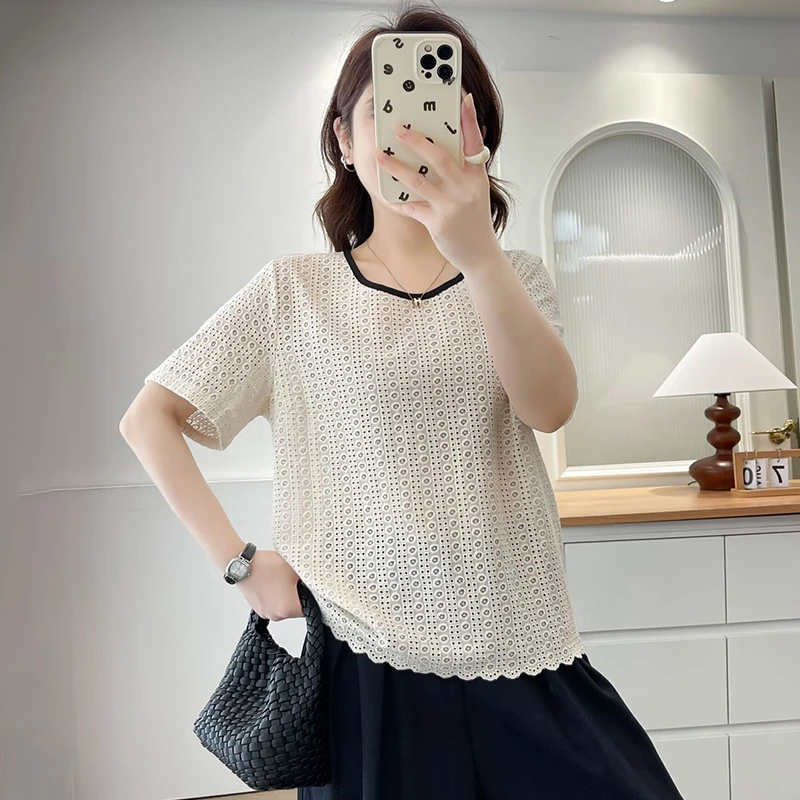 大码女装夏季新款时尚法式小衫短袖T恤宽松显瘦胖mm洋气遮肉上衣