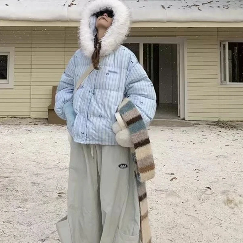 呆呆文美式设计感条纹蝴蝶结毛领连帽棉服外套冬季加厚保暖棉衣女