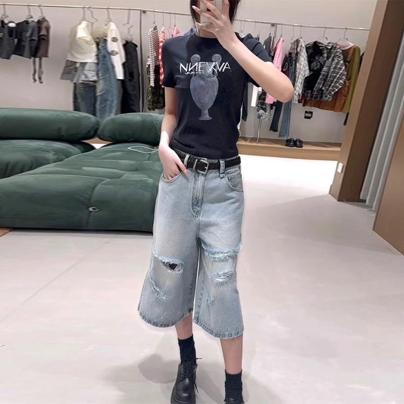 AVVENN2025高腰设计师款直筒百搭牛仔马裤时尚破洞中裤牛仔裤阔腿