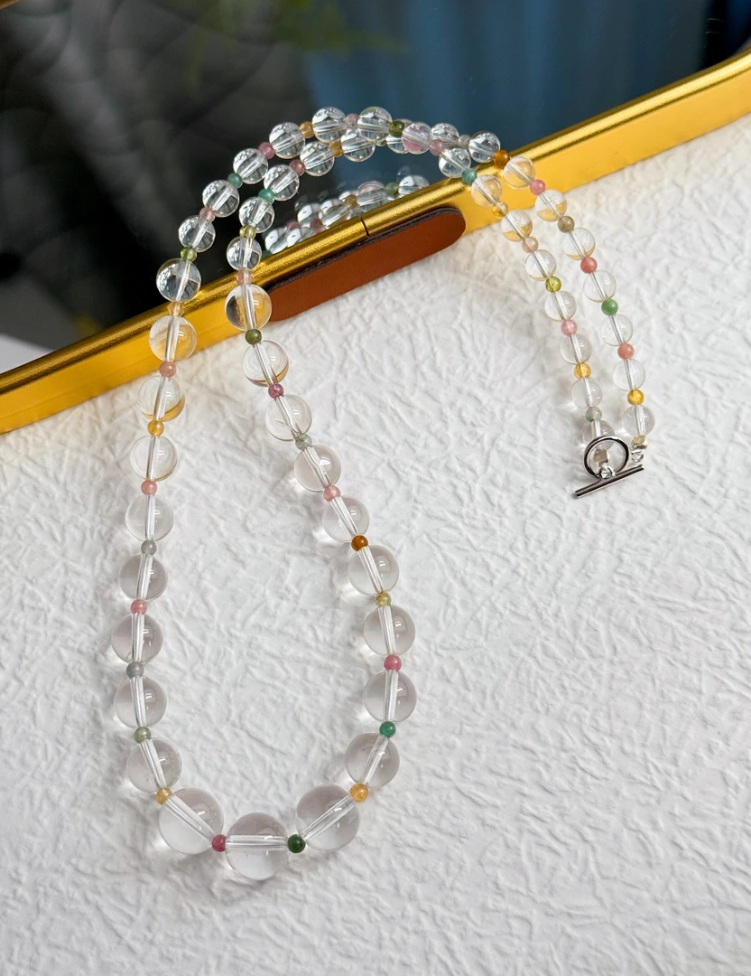 多巴胺配色白水晶圆珠项链