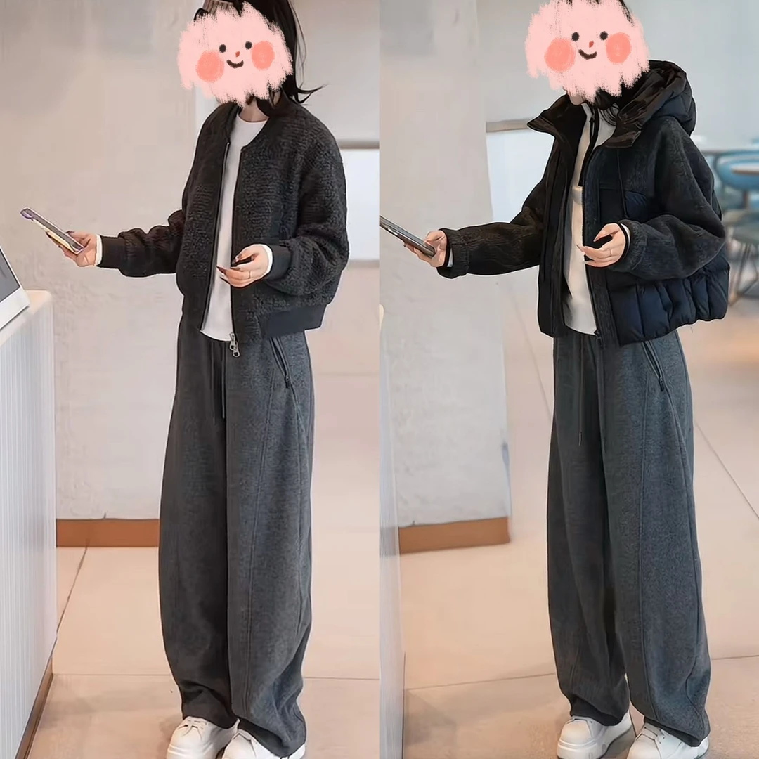 2025秋冬新款拉链加绒弯刀阔腿裤女高腰显瘦宽松直筒加厚休闲卫裤