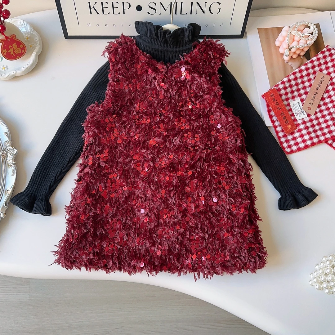 女童公主无袖连衣裙冬季新款韩系圣诞款羽毛亮片背心裙AWA837
