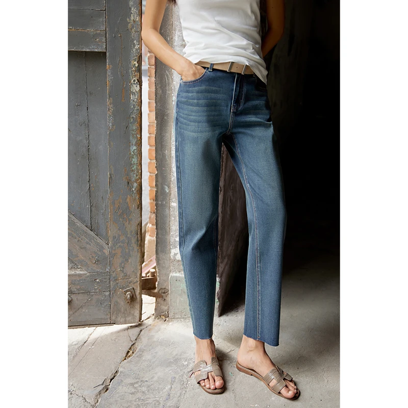 HERLAND她地【法棍裤】棉+莱赛尔直筒牛仔裤女夏亲肤显瘦法式长裤