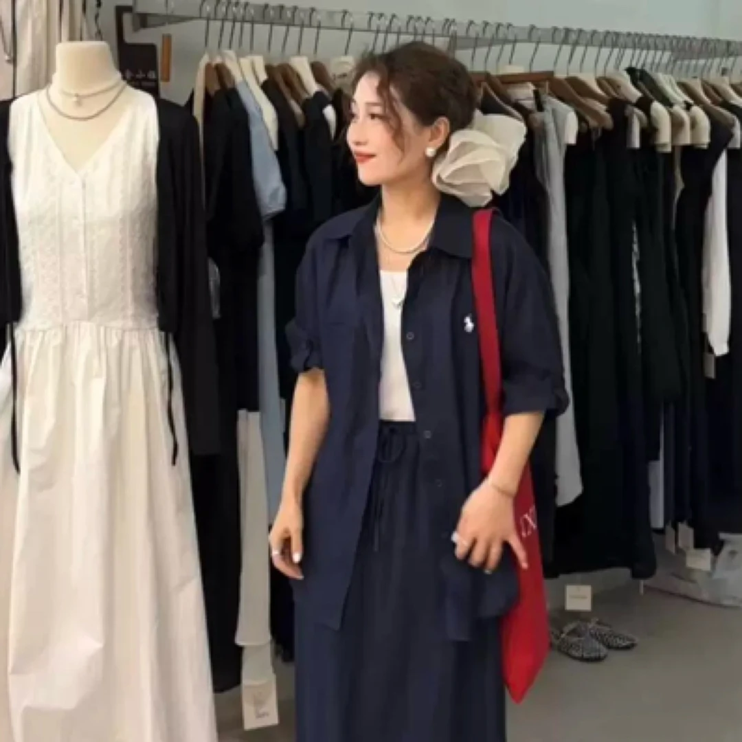 【清仓不退不换】韩系衬衫女2025高级感宽防晒松紧腰半身裙两件套装