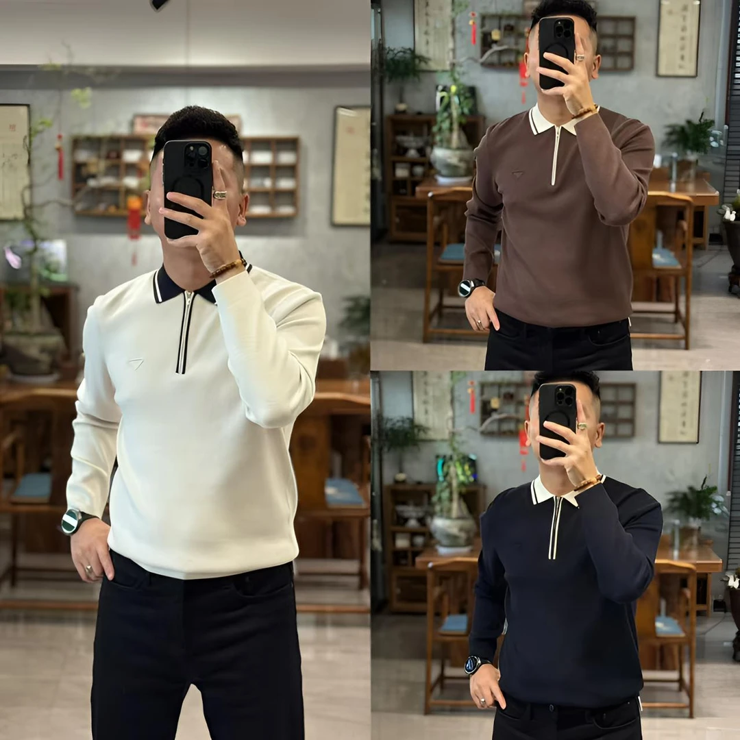 85002欧货秋季轻奢简约绵羊毛混纺翻领拉链男士针织长袖POLO衫