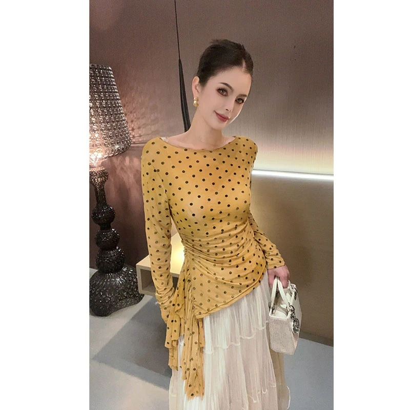 （特价原创-卡码拍小）不规则波点飘带一字领防晒上衣SY30532