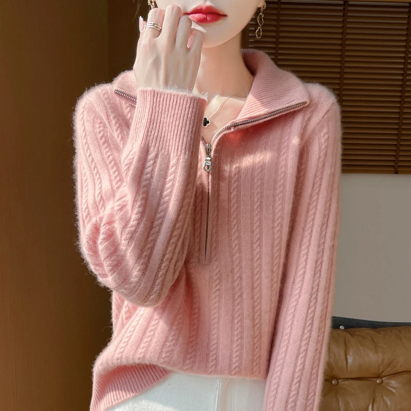 【崔万志工厂】半高领小麻花加厚毛衣半拉链上衣羊毛衫