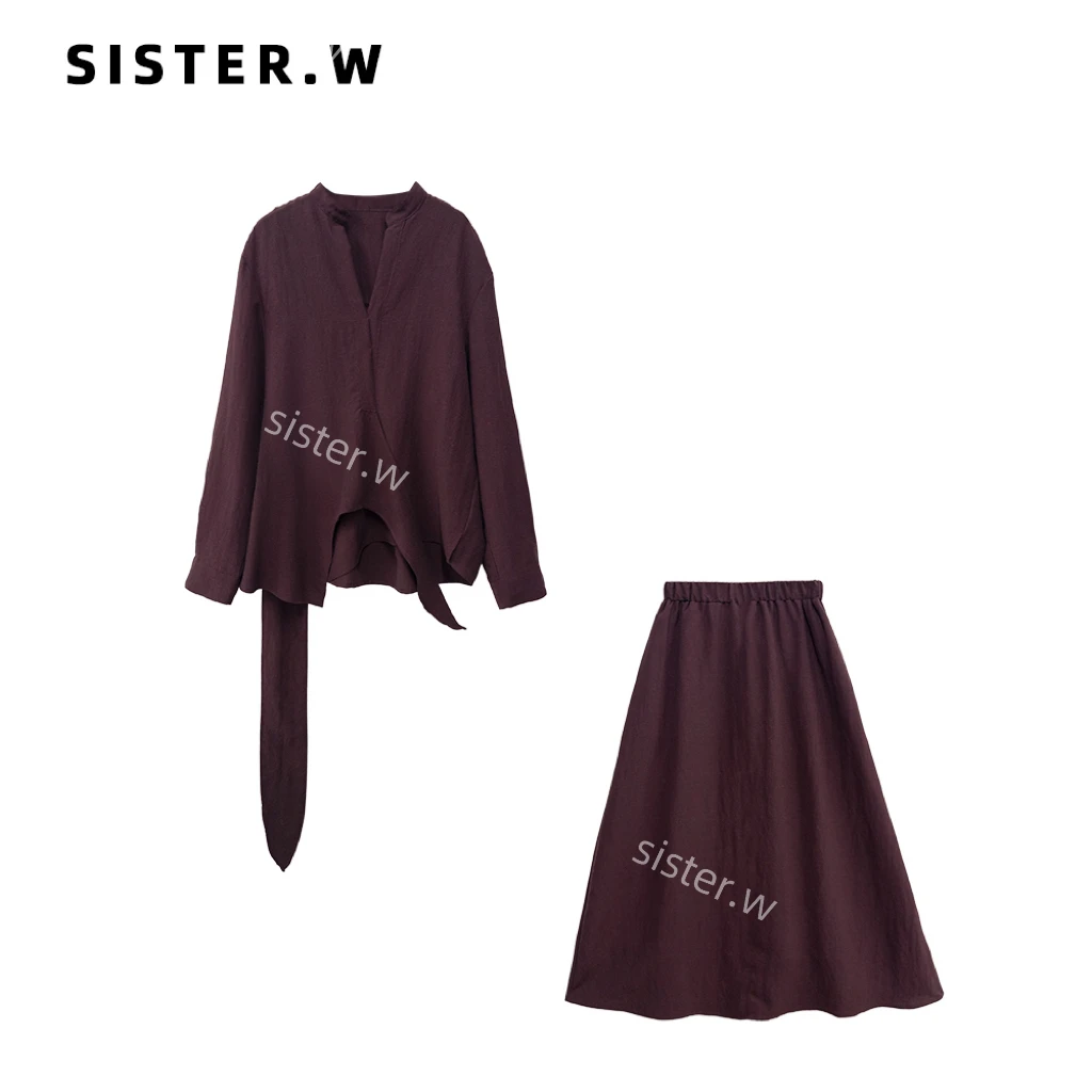 【no退no换】 法式复古红V领系带显瘦收腰长袖上衣+半裙  6078-1