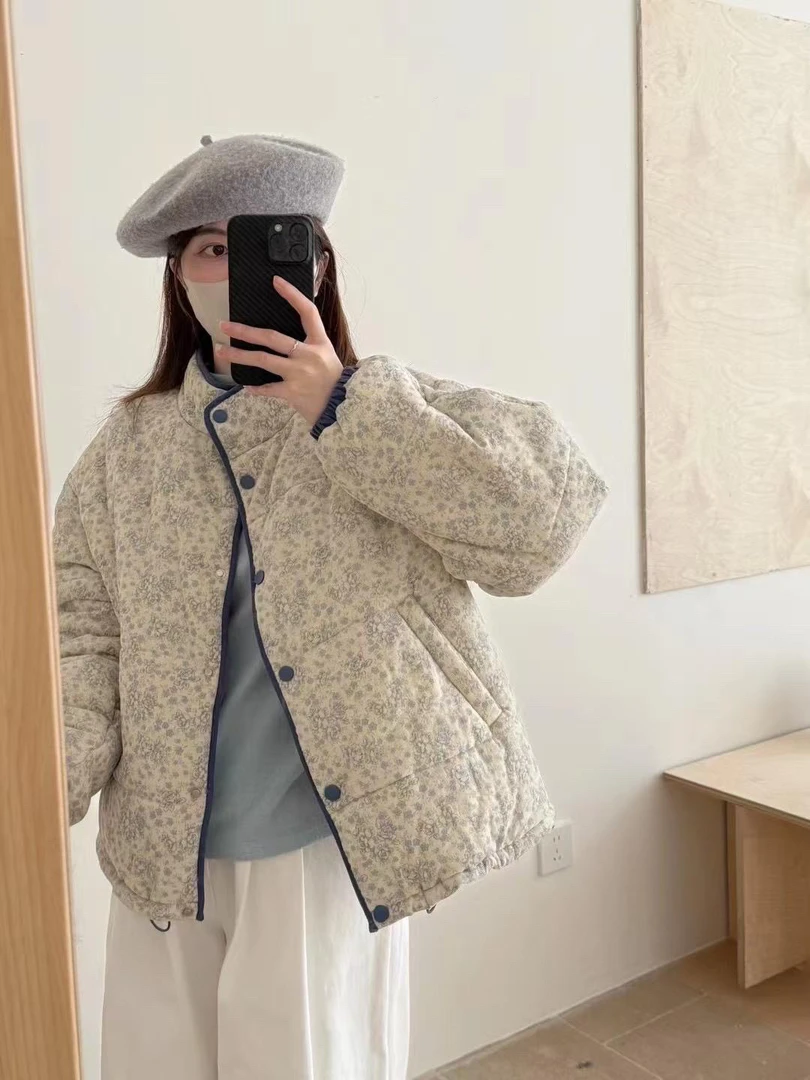 小思 秋冬新复古小碎花立领撞色设计感棉服女宽松灯芯绒棉衣外套