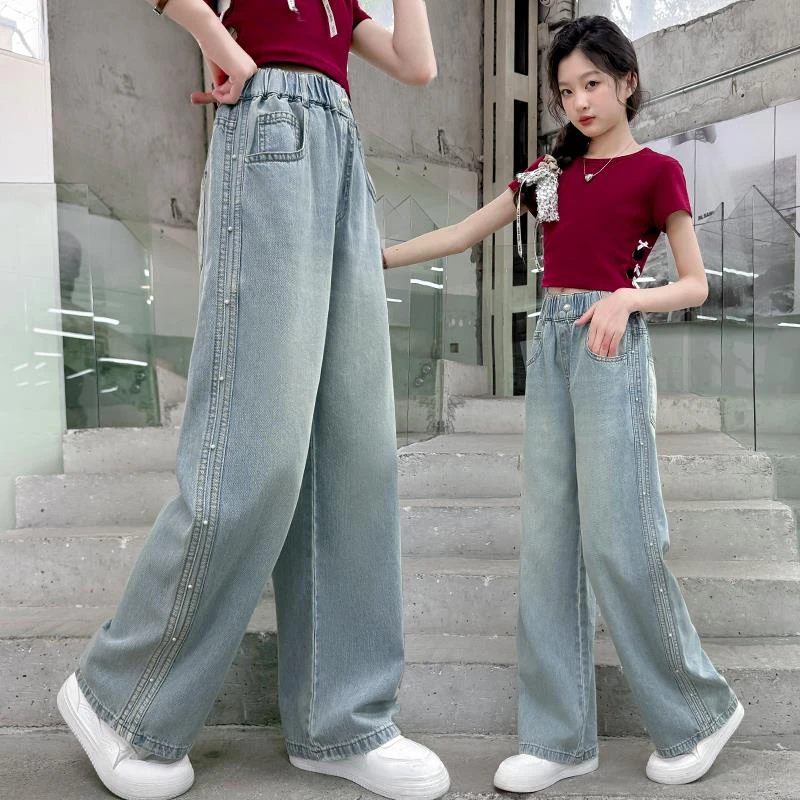 FAVMARTHA女童裤子2025新款春夏装洋气儿童中大童钉珠牛仔裤夏季