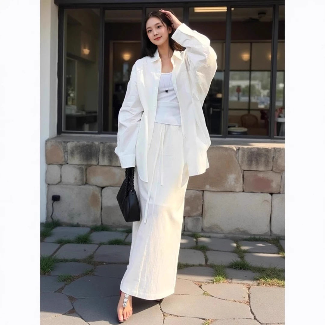 白色亚麻衬衫套装裙女夏季简约休闲慵懒高级松弛感防晒衬衣两件套