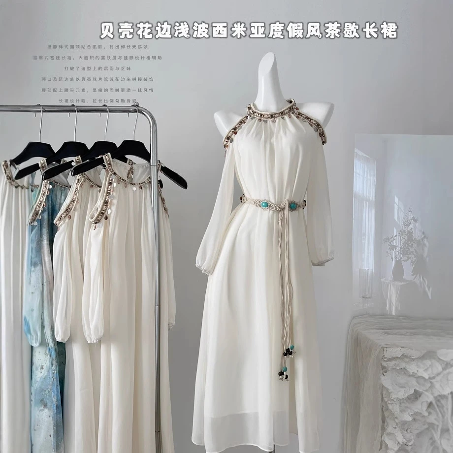 『欣幸』我的阿勒泰 贝壳花边杏色连衣裙波西米亚度假风茶歇长裙