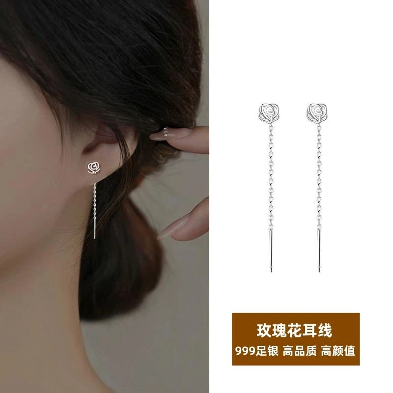 足银耳饰 S999足银玫瑰花耳线防掉耳环耳钉小众设计感轻奢简约ins