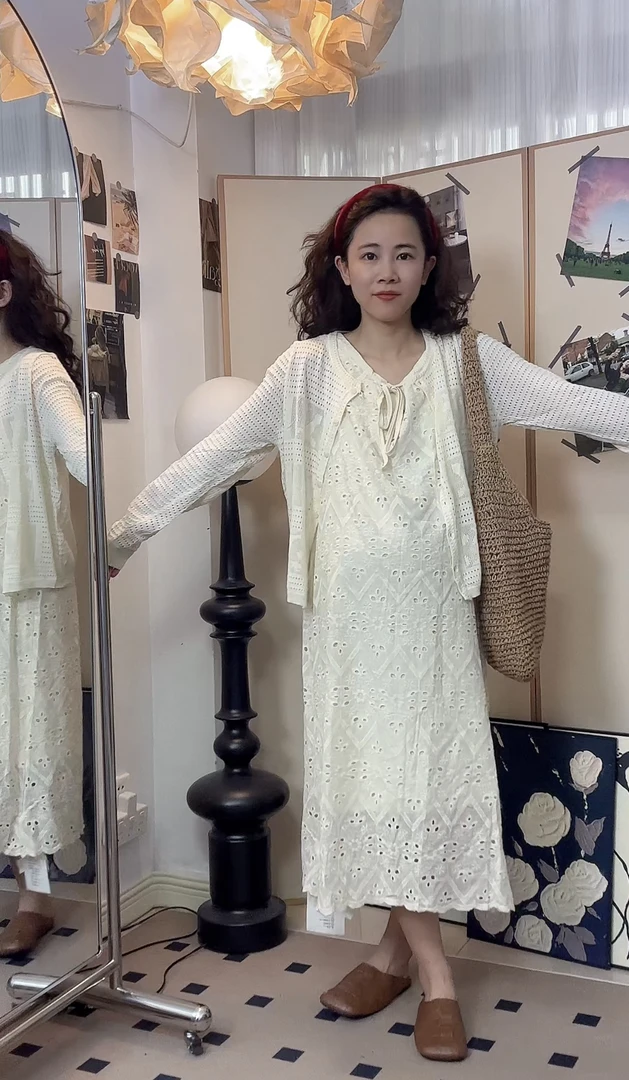 温柔又舒适孕妇夏季两件套棉质镂空背心中长款裙子针织开衫外套