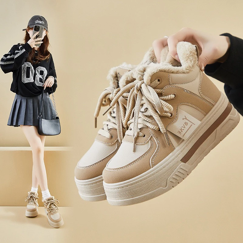 2025冬季加绒小白鞋韩版女学生厚底时尚运动板鞋网红高帮鞋