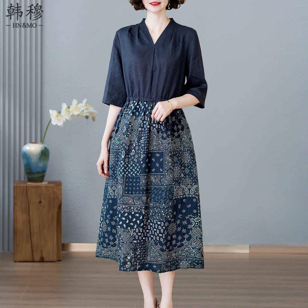 韩穆气质天丝亚麻连衣裙女夏季新款拼接设计感复古文艺女装长裙子