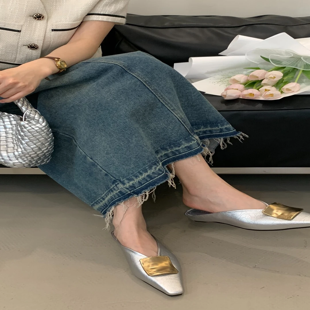 【DR设计师联名款】网红高级感2025春夏新款金属扣方头扣平底拖鞋