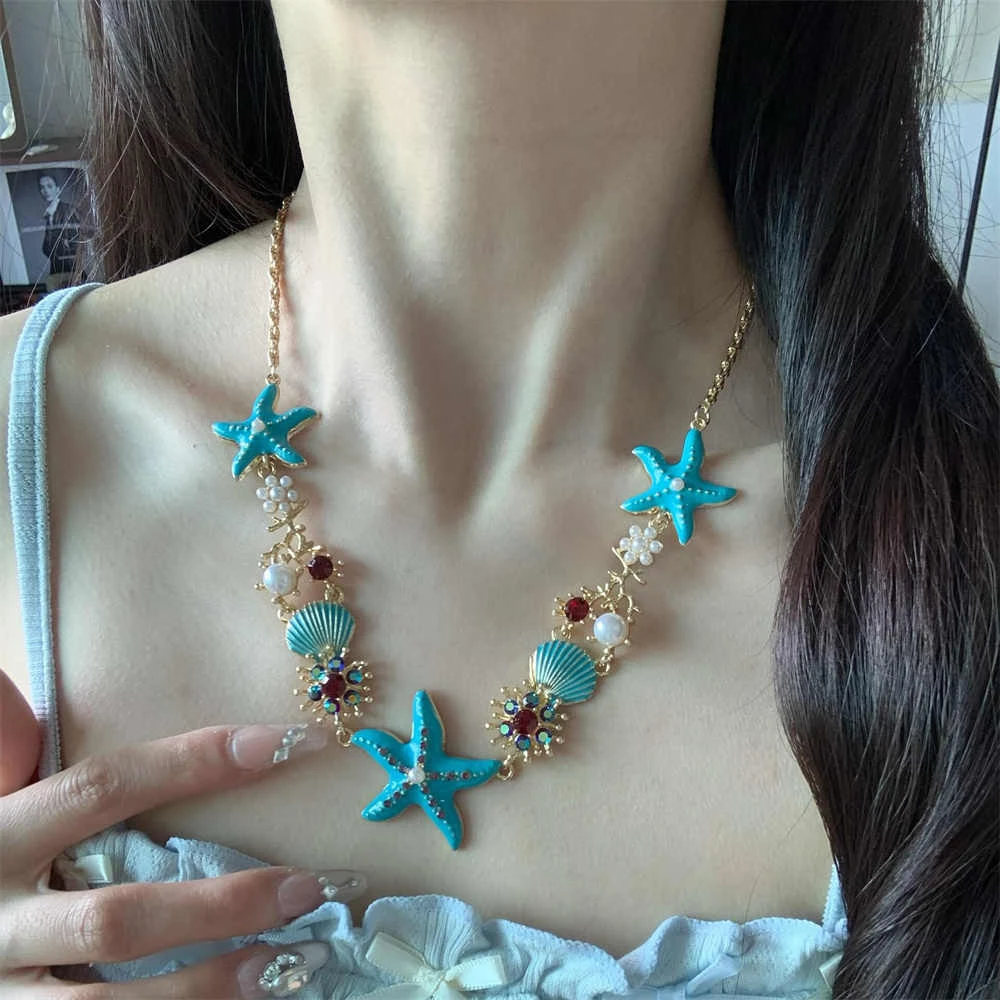 铜合金亚克力项链 海星贝壳项链女海边度假风颈链配饰轻奢锁骨链