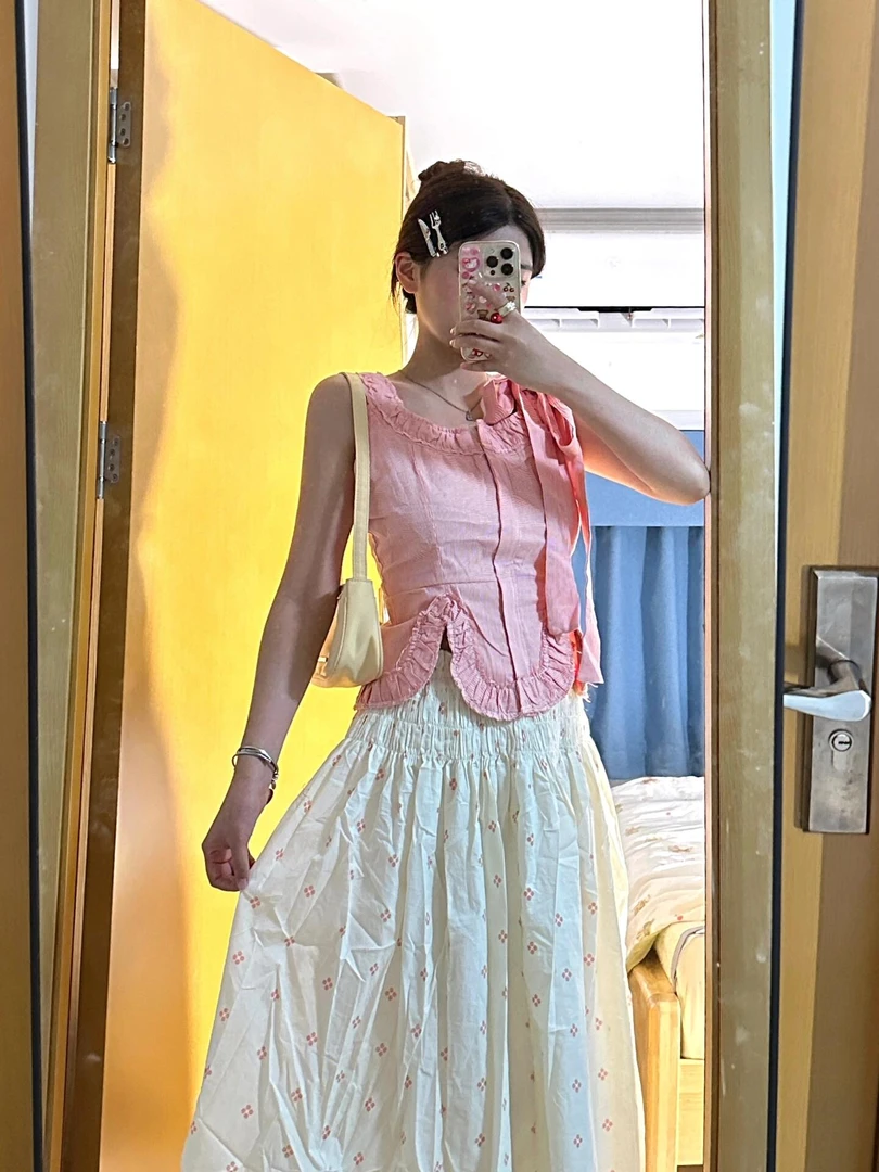 夏季小个子减龄韩风chic一整套穿搭粉色无袖半身裙套装2025新款女