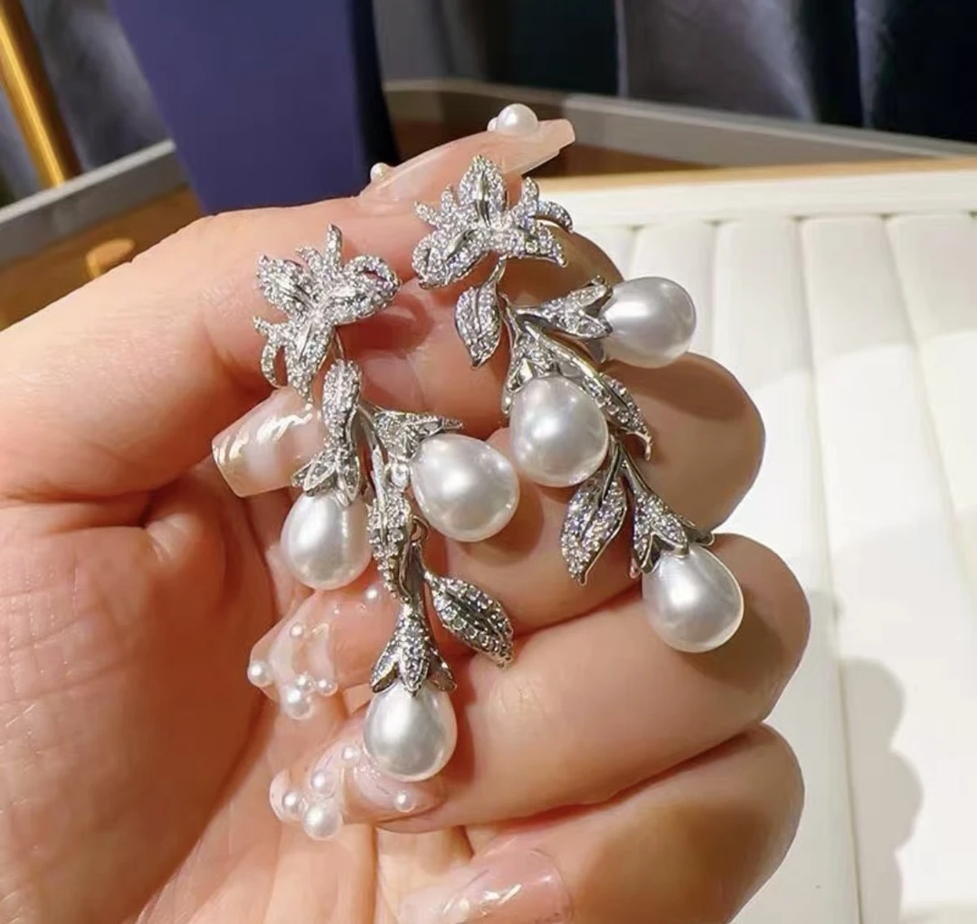 合金仿珍珠耳饰 1462合金高级感藤蔓缠绕贝珠耳钉耳环