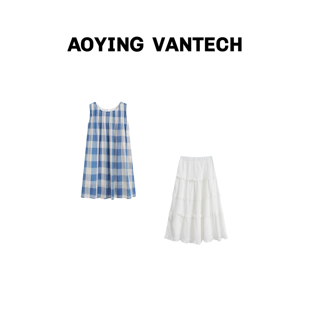 AOYING VANTECH【彩虹夏日】打褶条纹背心裙+白色镂空花边半裙套装