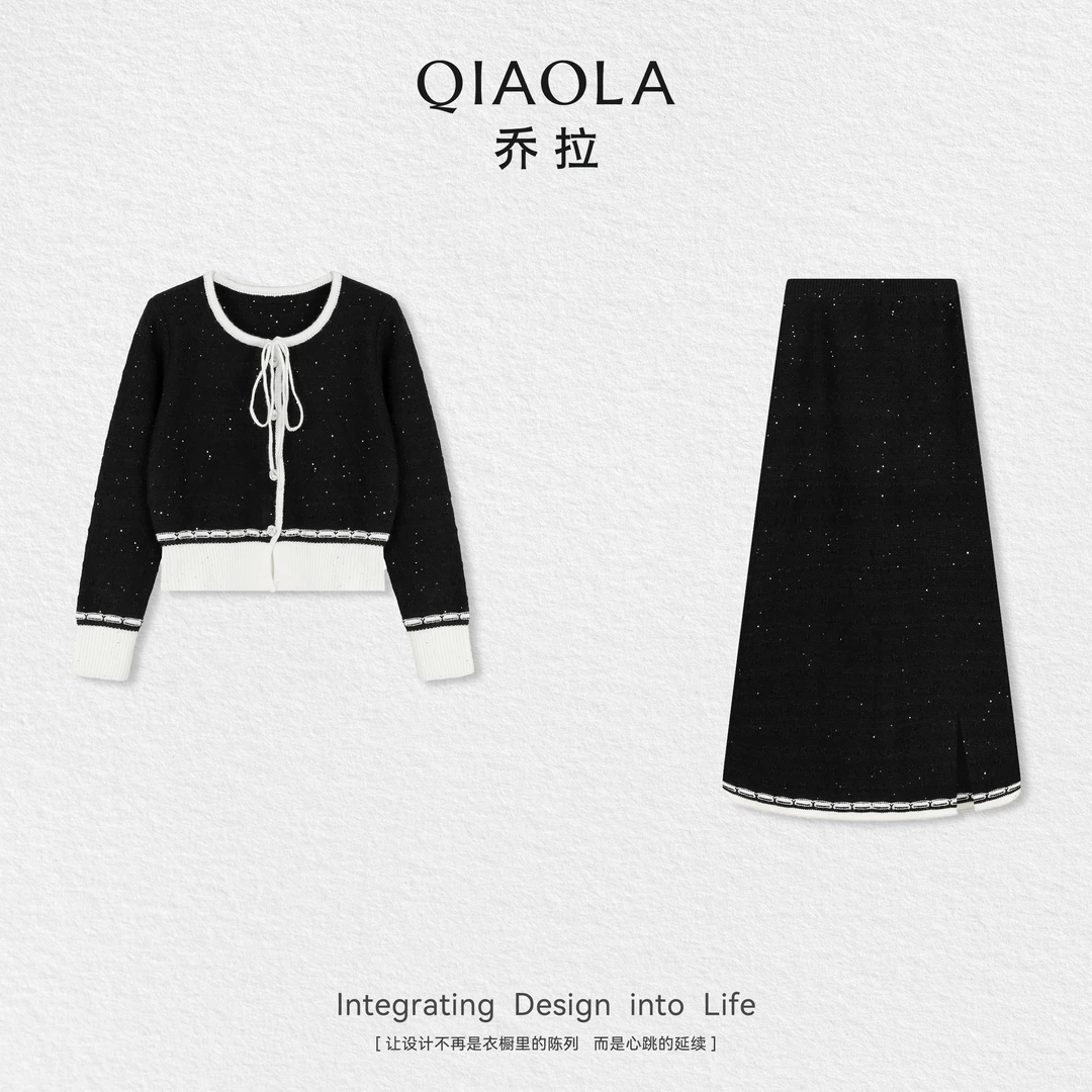 QIAOLA/乔拉【重叠配方】秋冬款银丝北极绒圆领拼色A版时尚套装预售