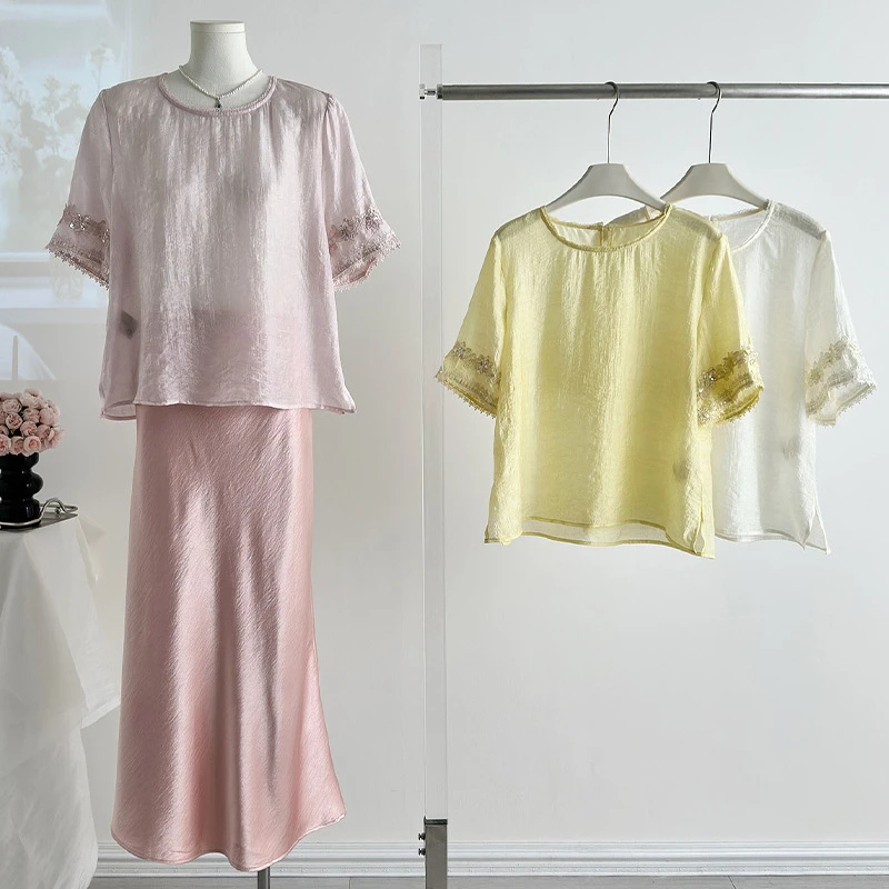 好质量中式国风短袖圆领衬衫女宽松遮肚别致小衫洋气显瘦上衣